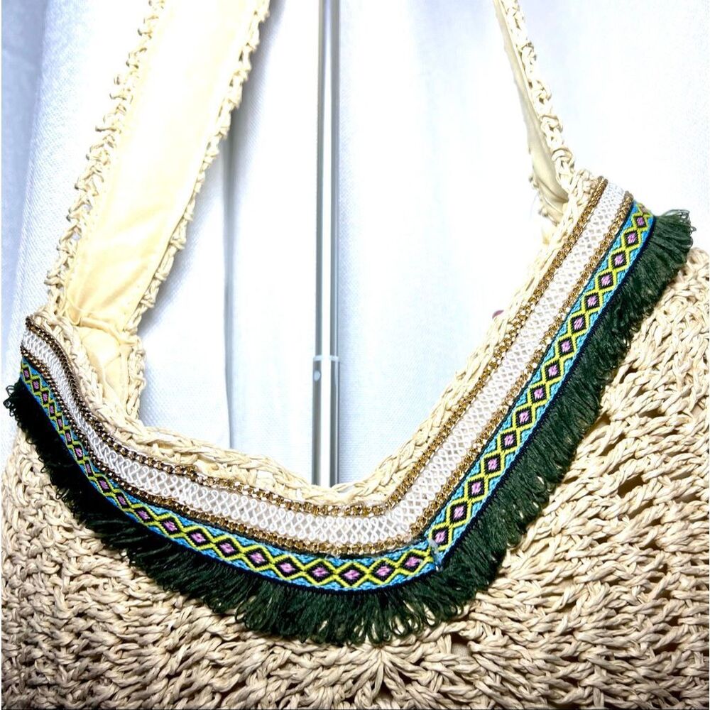 Woven Straw / Grass Tote, Rounded Boho Purse/ Bag, Beaded Thailand Shoulder Purs - Picture 5 of 7